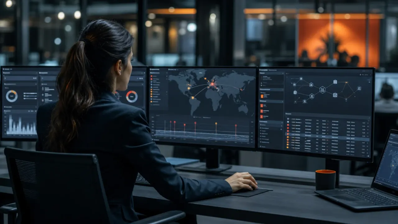 A security analyst investigating incidents across a modern monitoring dashboard
