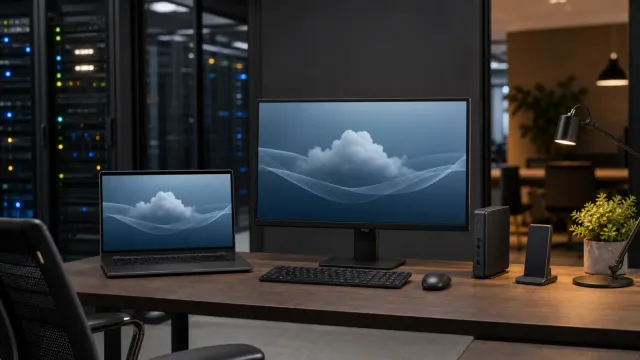 A cloud desktop displayed across a laptop and office monitor beside a server room