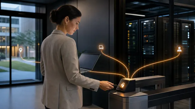 An employee passing a secure access checkpoint using device, identity and location signals