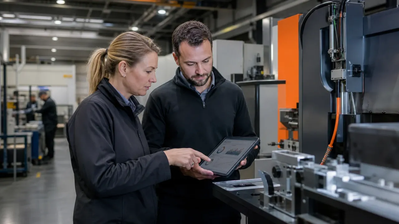 An operations manager and IT engineer reviewing production data on a factory floor