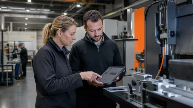 An operations manager and IT engineer reviewing production data on a factory floor