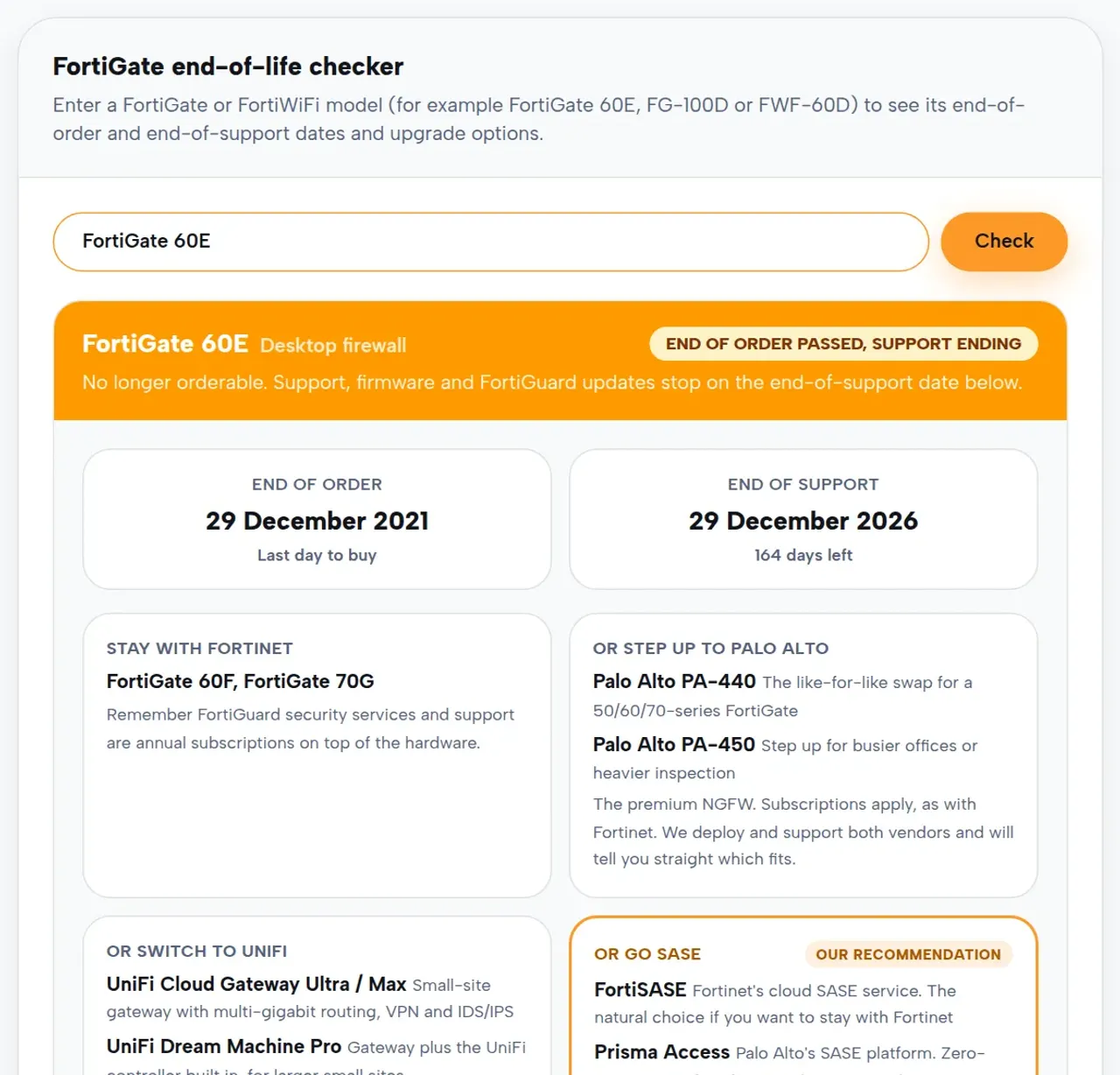The Next2IT FortiGate end-of-life checker showing a result for the FortiGate 60E, with end-of-order and end-of-support dates and upgrade options.