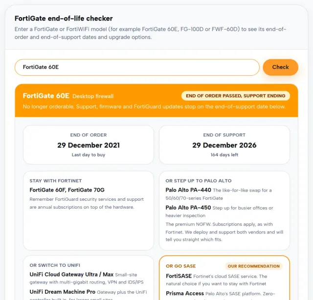 The Next2IT FortiGate end-of-life checker showing a result for the FortiGate 60E, with end-of-order and end-of-support dates and upgrade options.