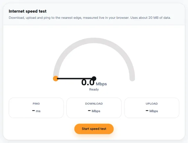 The Next2IT connectivity and speed test tool, showing download and upload speed measurements with latency checks to cloud services.