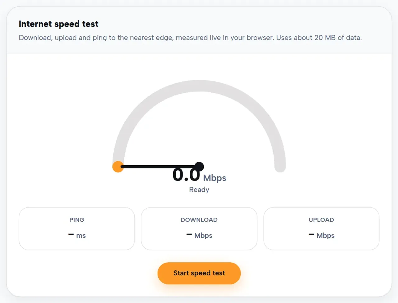 The Next2IT connectivity and speed test tool, showing download and upload speed measurements with latency checks to cloud services.