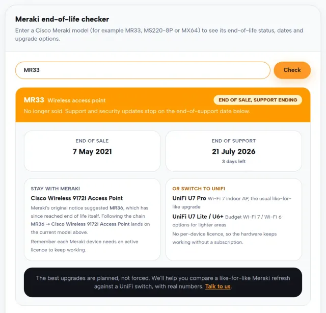 The Next2IT Meraki end-of-life checker showing a result for the MR33 access point, with its end-of-support date and upgrade options.