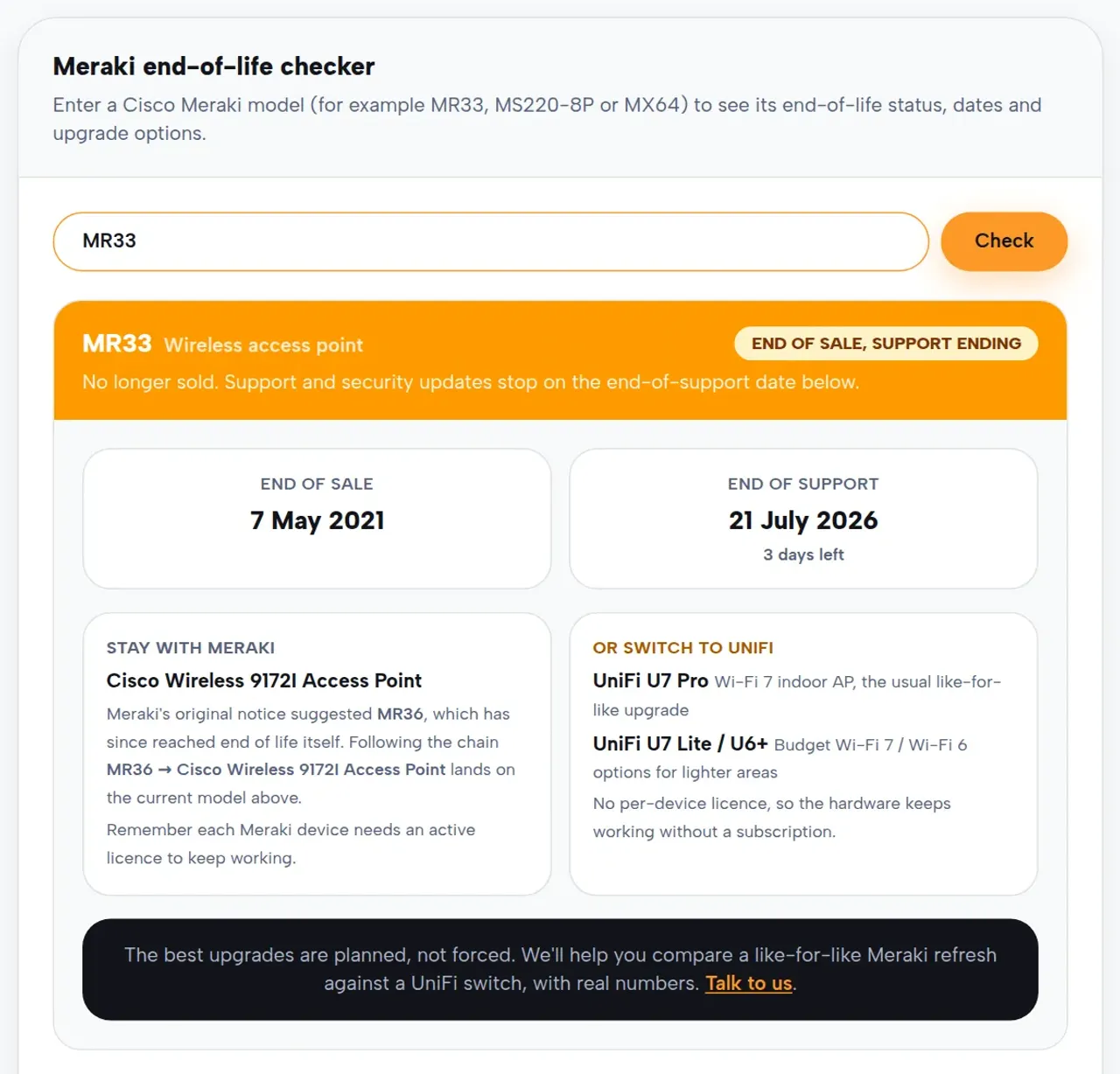 The Next2IT Meraki end-of-life checker showing a result for the MR33 access point, with its end-of-support date and upgrade options.