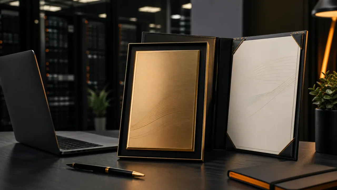 A gold partnership award and certificate portfolio in a modern IT office