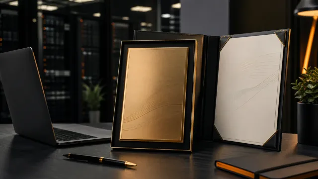 A gold partnership award and certificate portfolio in a modern IT office