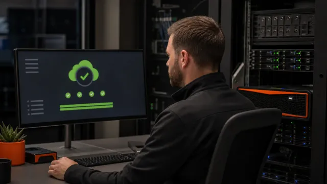 An IT engineer checking a successful cloud backup beside managed storage hardware