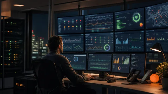 An IT engineer monitoring infrastructure dashboards during a night shift