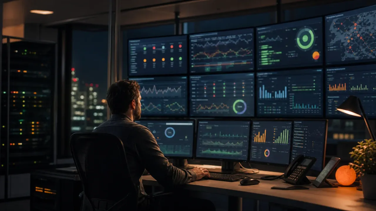 An IT engineer monitoring infrastructure dashboards during a night shift