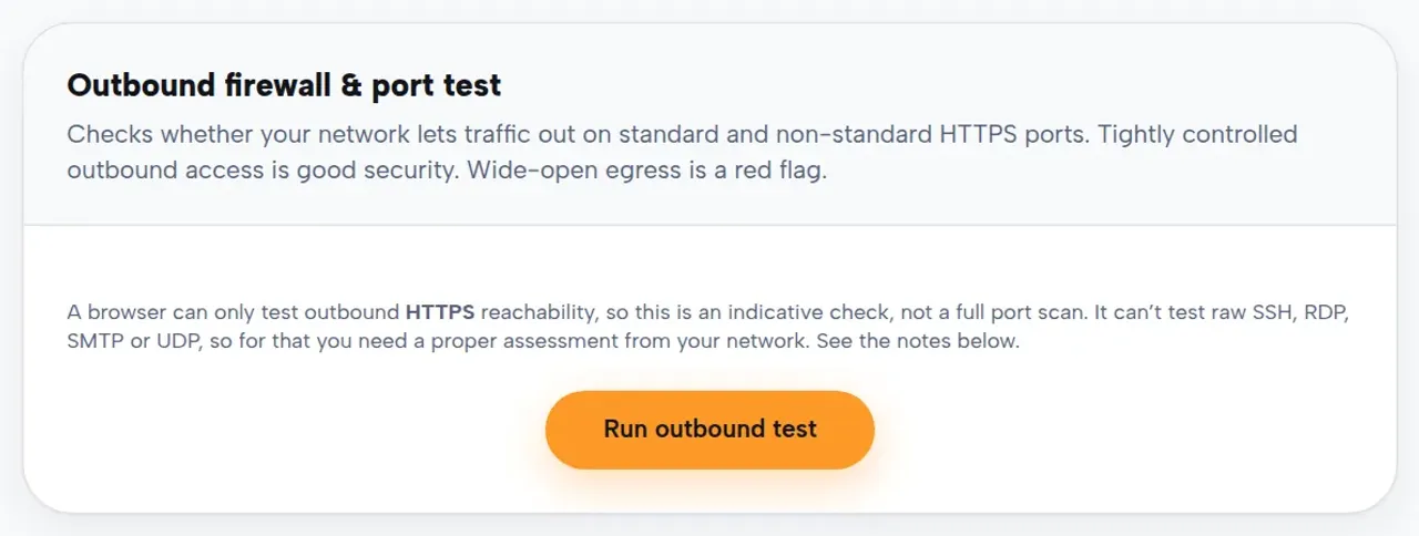 The Next2IT outbound security test tool, ready to check which outbound ports leave the network unchallenged.