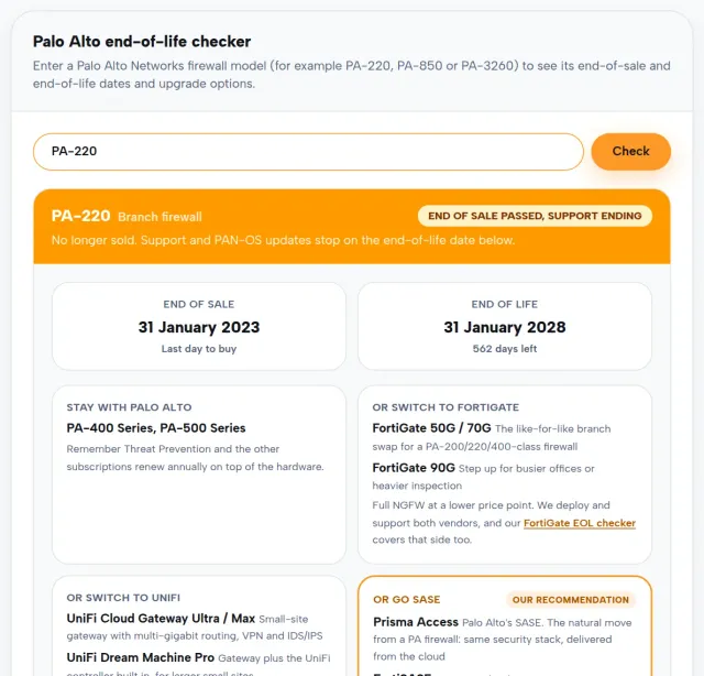 The Next2IT Palo Alto end-of-life checker showing a result for the PA-220 firewall, with end-of-sale and end-of-life dates and upgrade options.