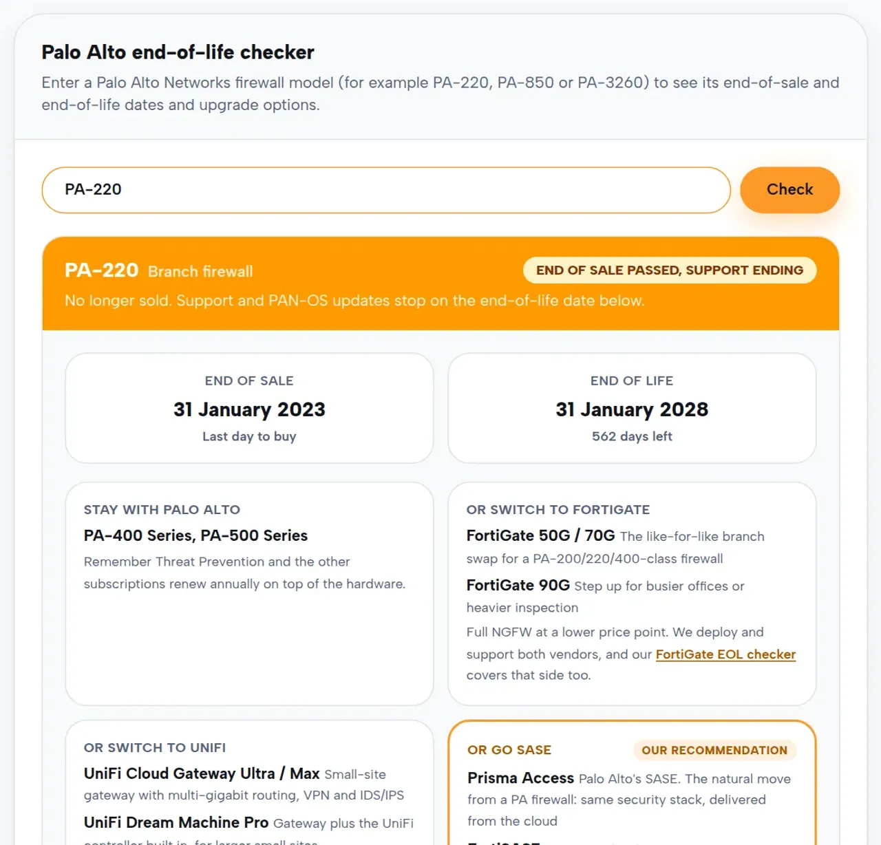 The Next2IT Palo Alto end-of-life checker showing a result for the PA-220 firewall, with end-of-sale and end-of-life dates and upgrade options.