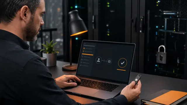 An IT professional approving secure privileged access with a hardware security key