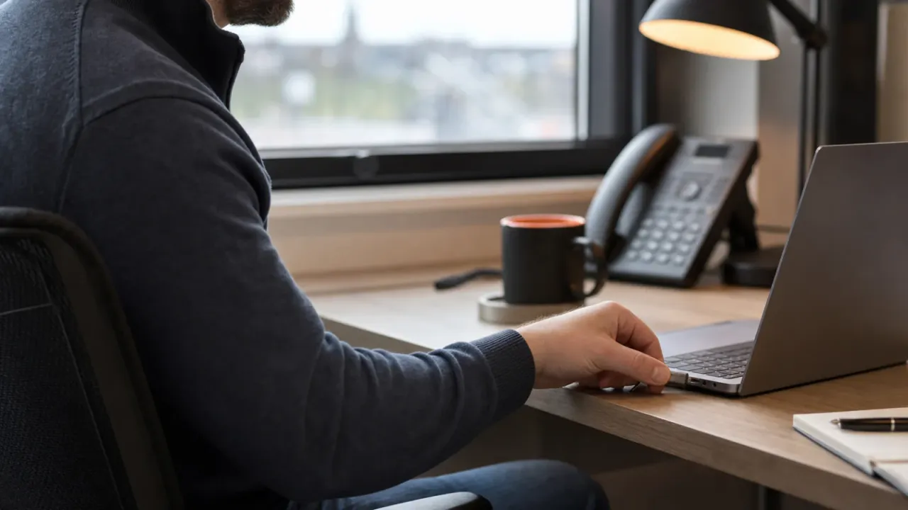 An IT professional inserting a hardware security key into a laptop in a modern office