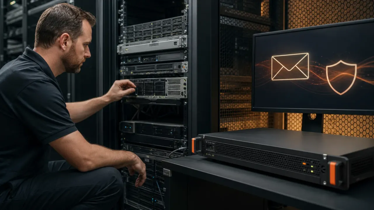 An IT engineer securing an email server in a modern server room