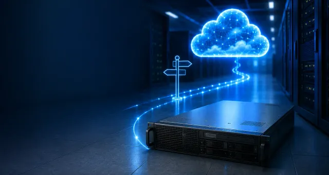 A retired rack server on a data centre floor, with a glowing signpost redirecting its data path up to the cloud