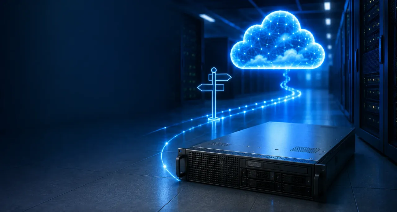 A retired rack server on a data centre floor, with a glowing signpost redirecting its data path up to the cloud